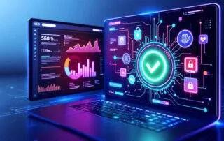 Eine technische Darstellung von Elementen des SEO Webdesigns, einschließlich Ladezeiten und Sicherheitszertifikaten.